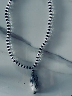 Tourmalinated Quartz Pendant Black Crystal Beaded Statement Necklace
